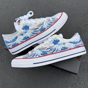 The Great Wave Off Kanagawa Low Top Converse Chuck Taylor Shoes - Women and Men&#39;s Lace Up Japanese Art Sneakers