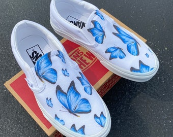 Blue Butterfly White Slip On Vans - Custom Vans Shoes