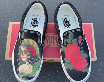 Skull Woman with Flowers Black Slip On Shoes - Men's and Women's Custom Vans Sneakers