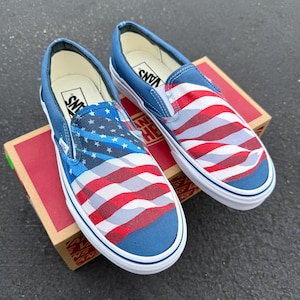 American USA Waving Flag on Navy Slip On Vans Shoes for Men and Women