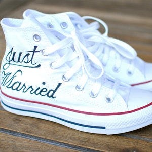 Custom Just Married Converse Sneakers White Canvas Hi Top Converse