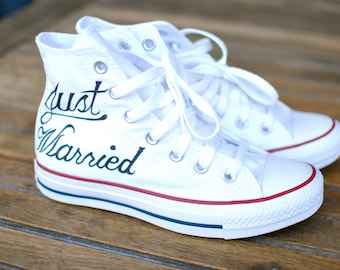 Custom Just Married Converse Sneakers - White Canvas Hi Top Converse Wedding Shoe