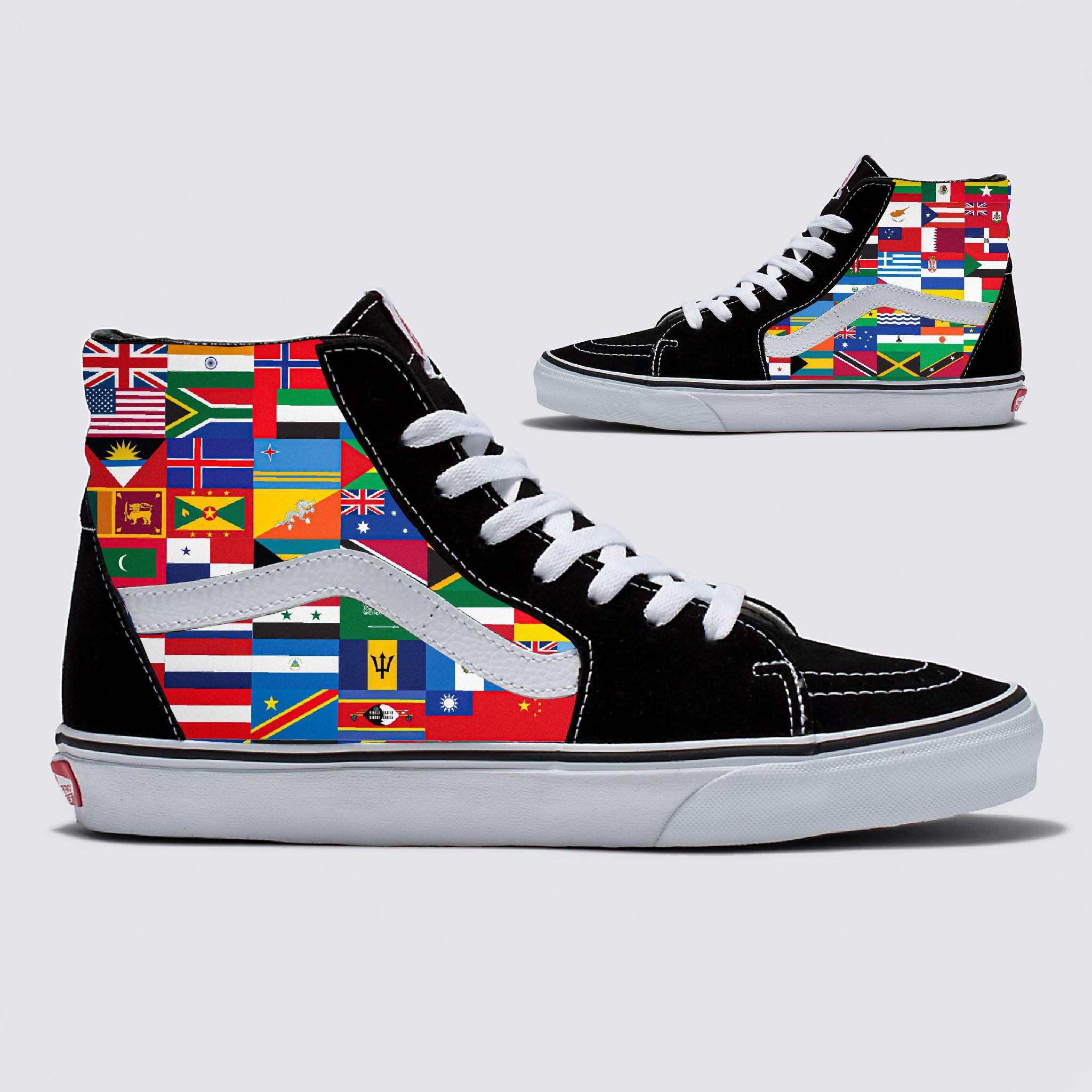 Flags of the World on Black Vans Sk8-hi High Top Shoes 