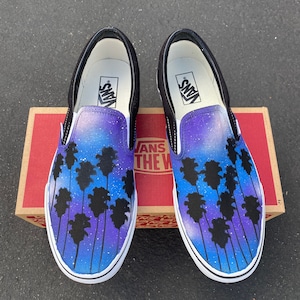 Tropical Galaxy Vans Slip Ons - Palm Trees and Galaxy on Vans Shoes - Shoes for Him, Shoes for Her, Summer, Beach, Galaxy, Palm Trees