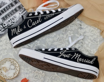 Custom Just Married Converse Sneakers - Black Canvas Low Top Converse Wedding Shoe