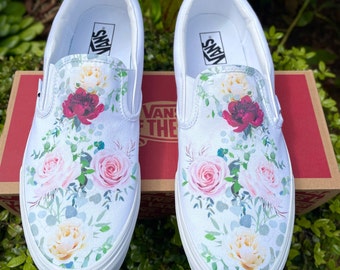 Whimsical Roses on White Slip On Vans Shoes - Men's and Women's Custom Vans Sneakers
