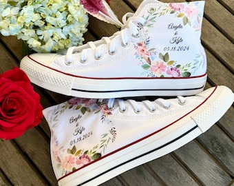 White Converse Custom Floral Name and Date Wedding Shoes - Men's and Women's Custom Wedding Converse Shoes