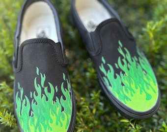 Hot Green Flame Shoes Custom Vans Black/ Black Slip Forest Green