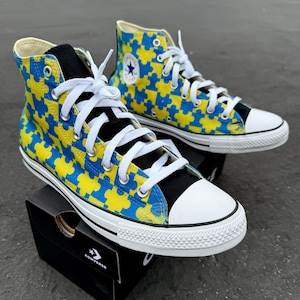 Down  Syndrome Awareness Blue and Yellow Puzzle Pieces Pattern on Black Converse High Top Chuck Taylor Sneakers Custom