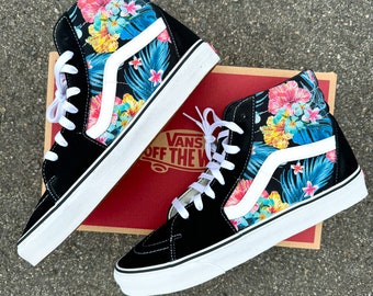 Tropical Floral Pattern on Black Vans Sk8 Hi Top Sneakers Men's and  Women's Custom Vans Shoes