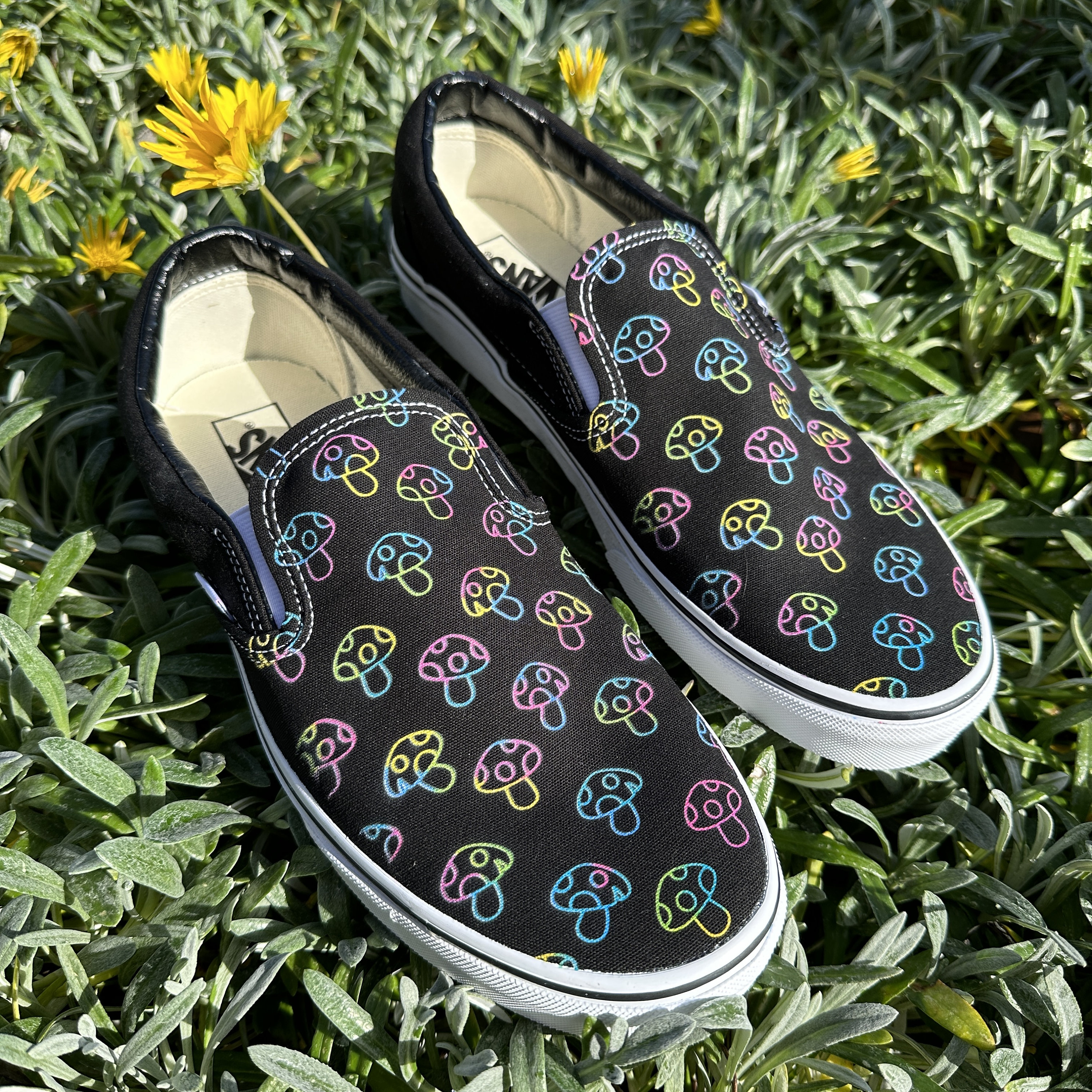 Rave Trippy Mushroom Shoes - Custom Vans Black Slip on Shoes 