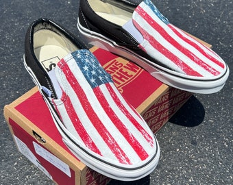 Rustic Vintage American Flag USA Red White Blue 4th Of July Custom Slip On Vans Shoes For Men and Women