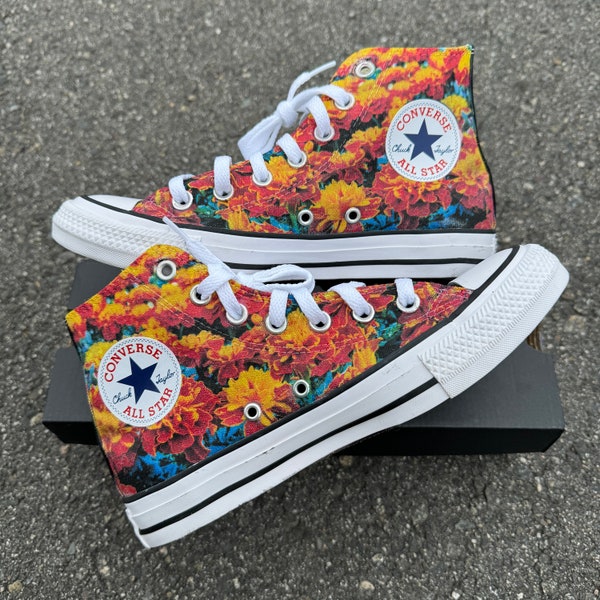 Custom Floral Sneakers - Marigold Flower Field Converse Black Chuck Taylor High Top Shoes