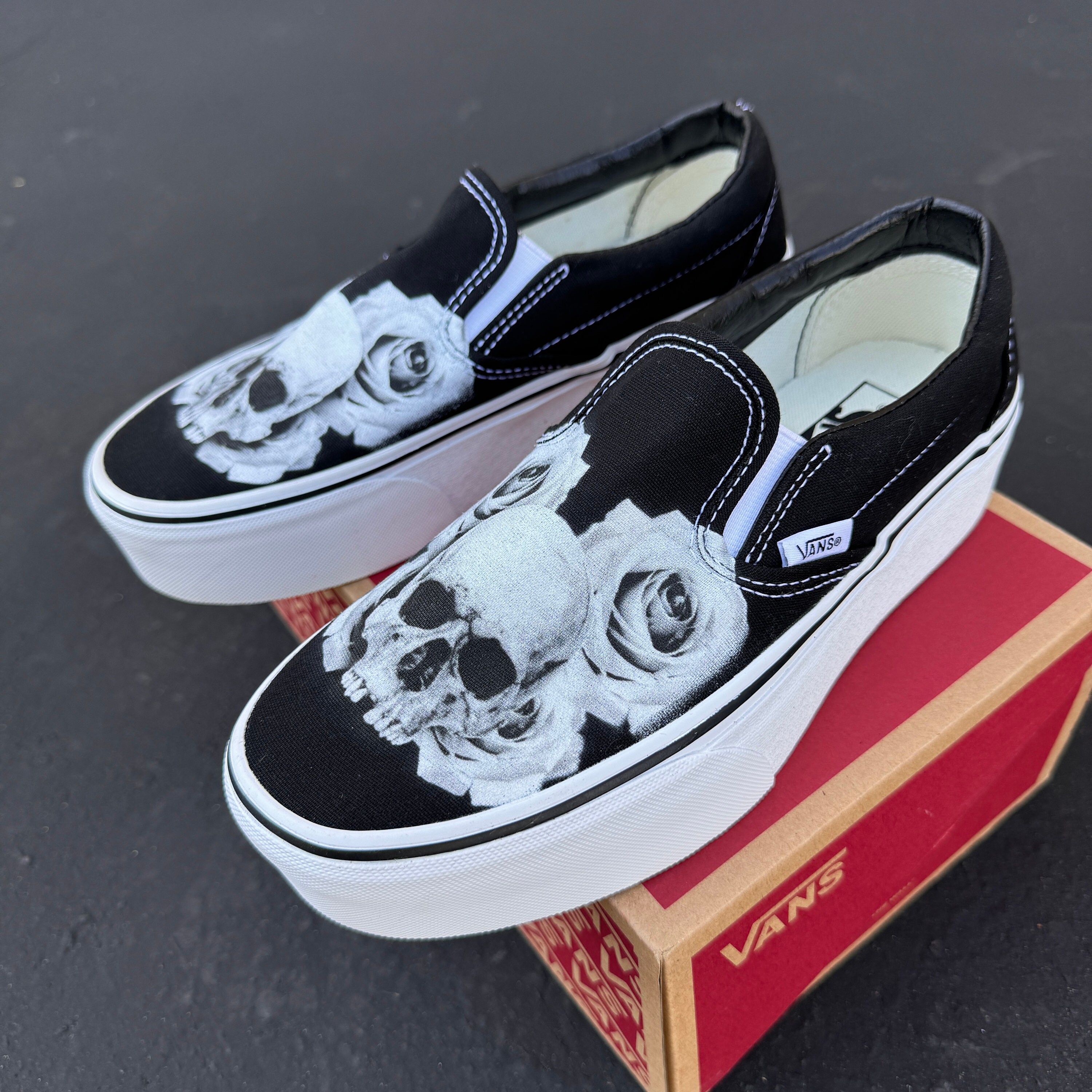 Skull and Rose Vans Slip on Stackform Shoes - Customized 