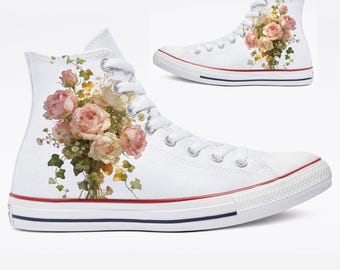 Dreamy Floral Rose Bouquet on White Converse Chuck Taylor High Top Shoes