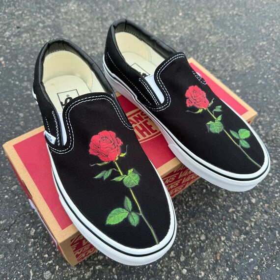 Single Rose Black Slip on Vans for Men and Women Etsy