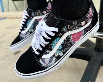 Embroidery Inspired Black Vans Old Skool Shoes Custom Vans Shoes