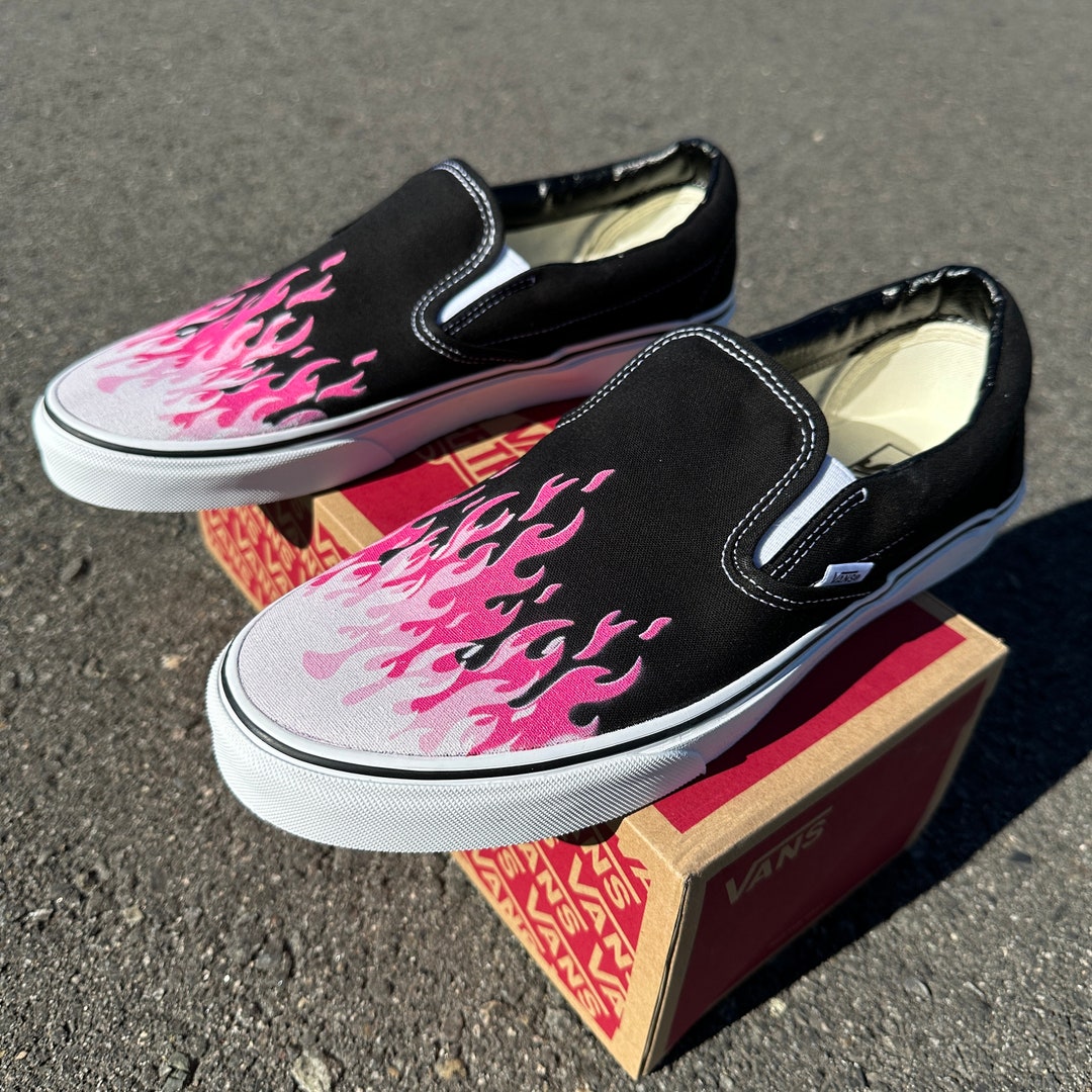 Hot Pink Flame Shoes Custom Vans Black Slip on Pink Hot Pink - Etsy