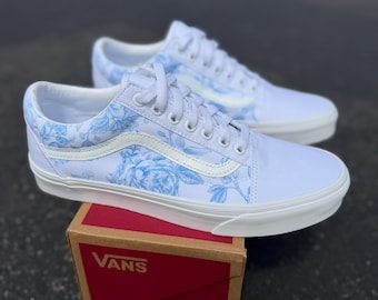 Toile de Jouy Floral Vans Old Skool Shoes – Blue White Roses Custom Sneakers