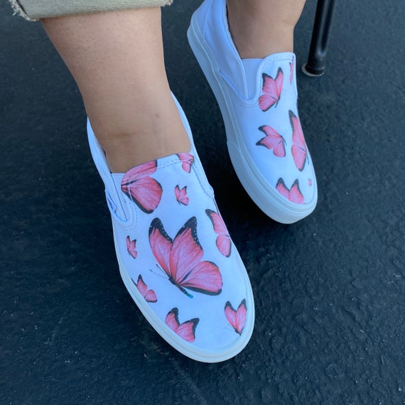 Pink Butterfly White Slip On Vans 