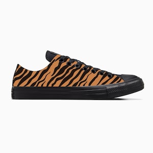 Tiger Pattern Converse Low Top Shoes - Royal Bengal Tiger Design on Black/Black Converse Chuck Taylor Shoes for Women and Men Unisex Sneaker