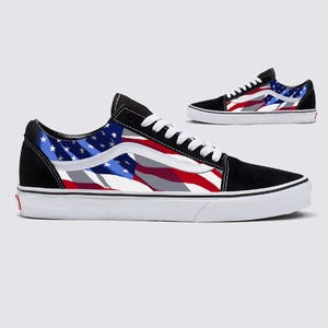 Black Vans Old Skool Shoes for Men and Women Featuring American Flag Made In USA