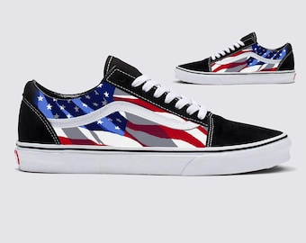 Black Vans Old Skool Shoes for Men and Women Featuring American Flag Made In USA