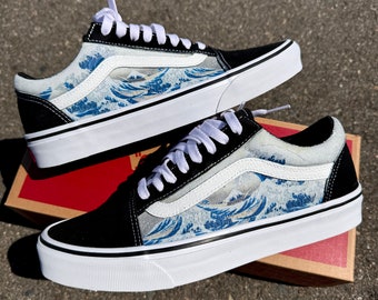 The Great Wave Off Kanagawa Custom Black Old Skool Vans - Men's and Women's Shoes