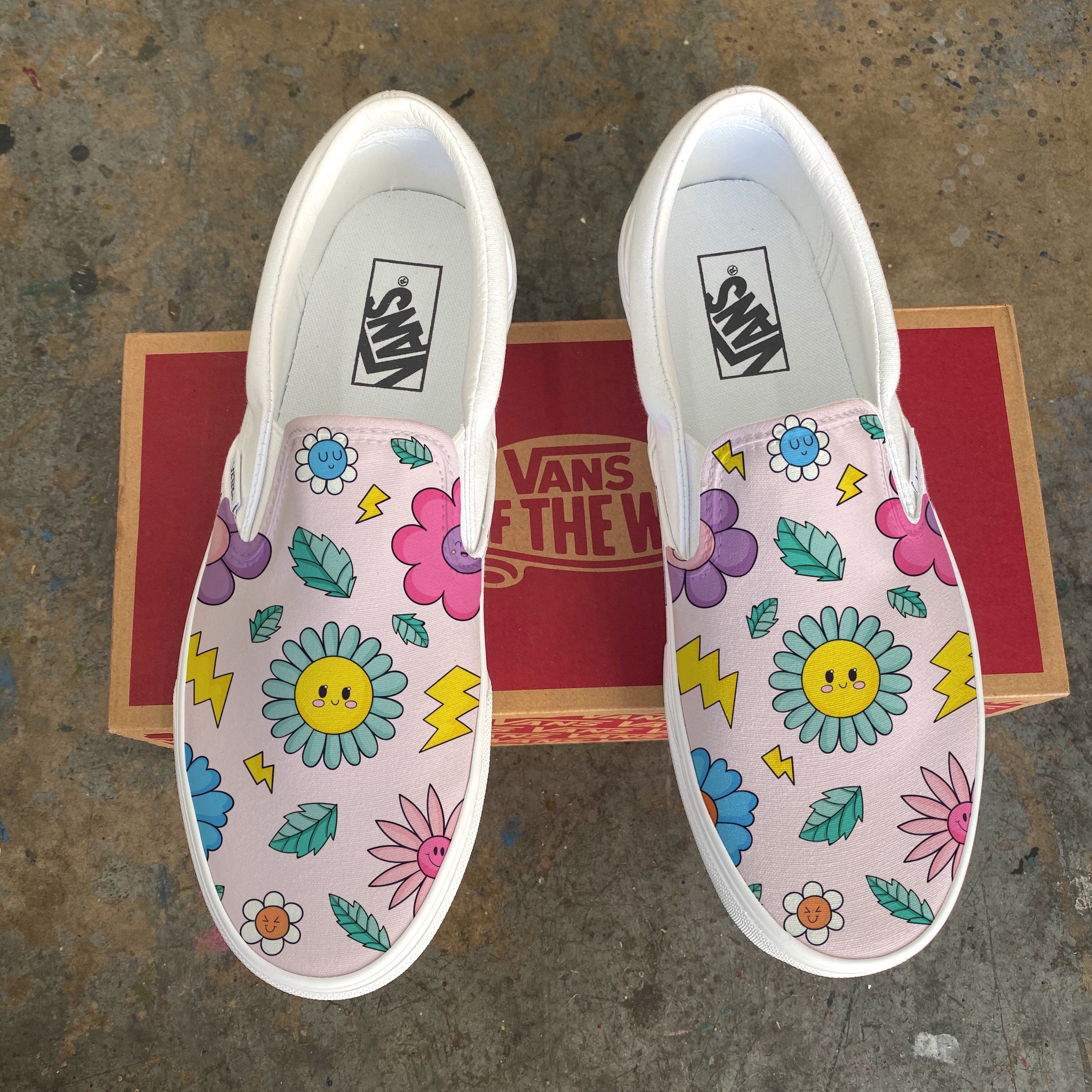 Smiley Face Flower Nature Lightning Bolt Leaf Cute Good Vibes Custom Slip On Vans