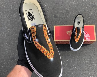 Custom Hand Painted Gold Chain Vans Slip On Shoes - Gold Chains Necklace Custom Sneakers