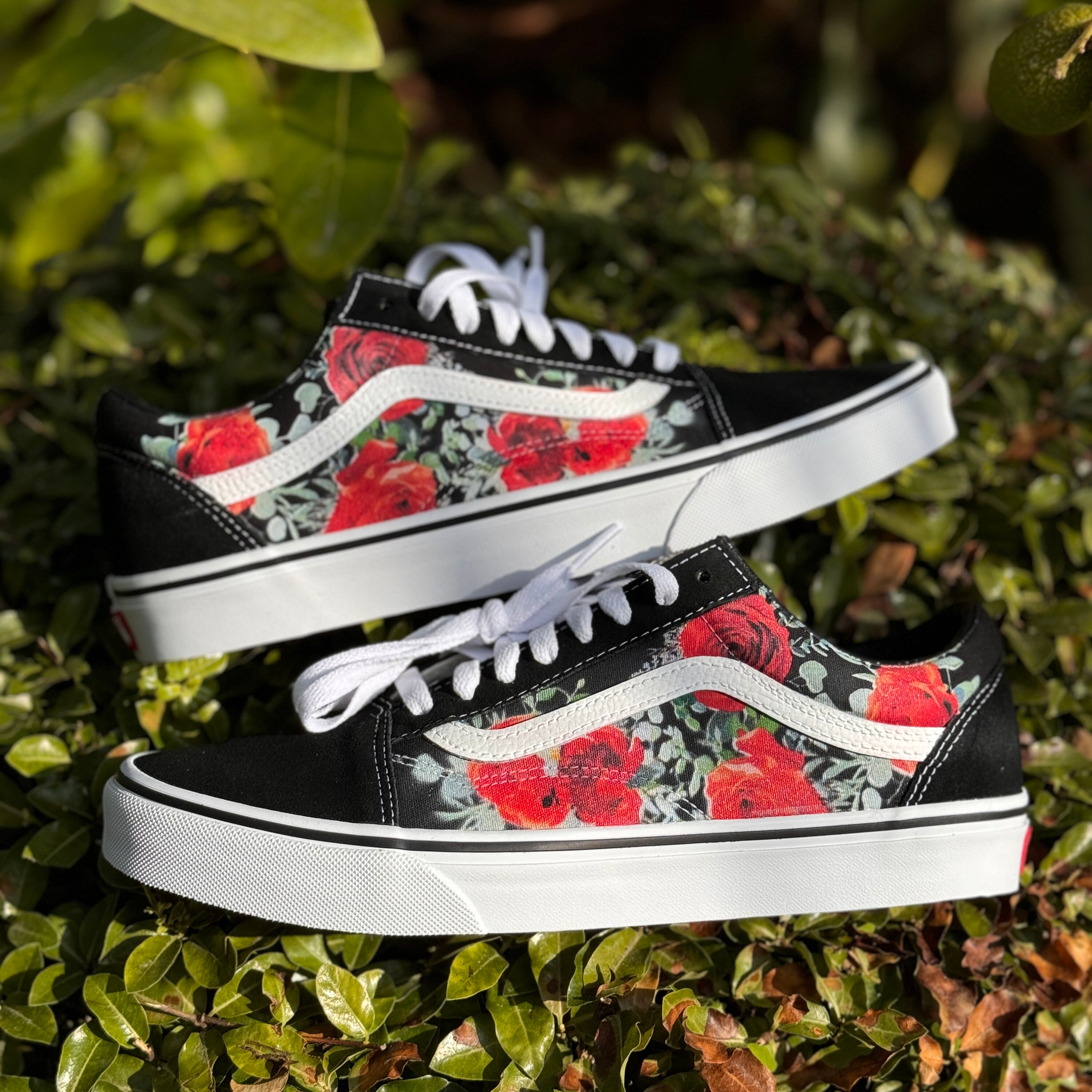 Whimsical Red Roses on Black Old Skool Vans Shoes Women s and Men s Custom Vans Sneakers