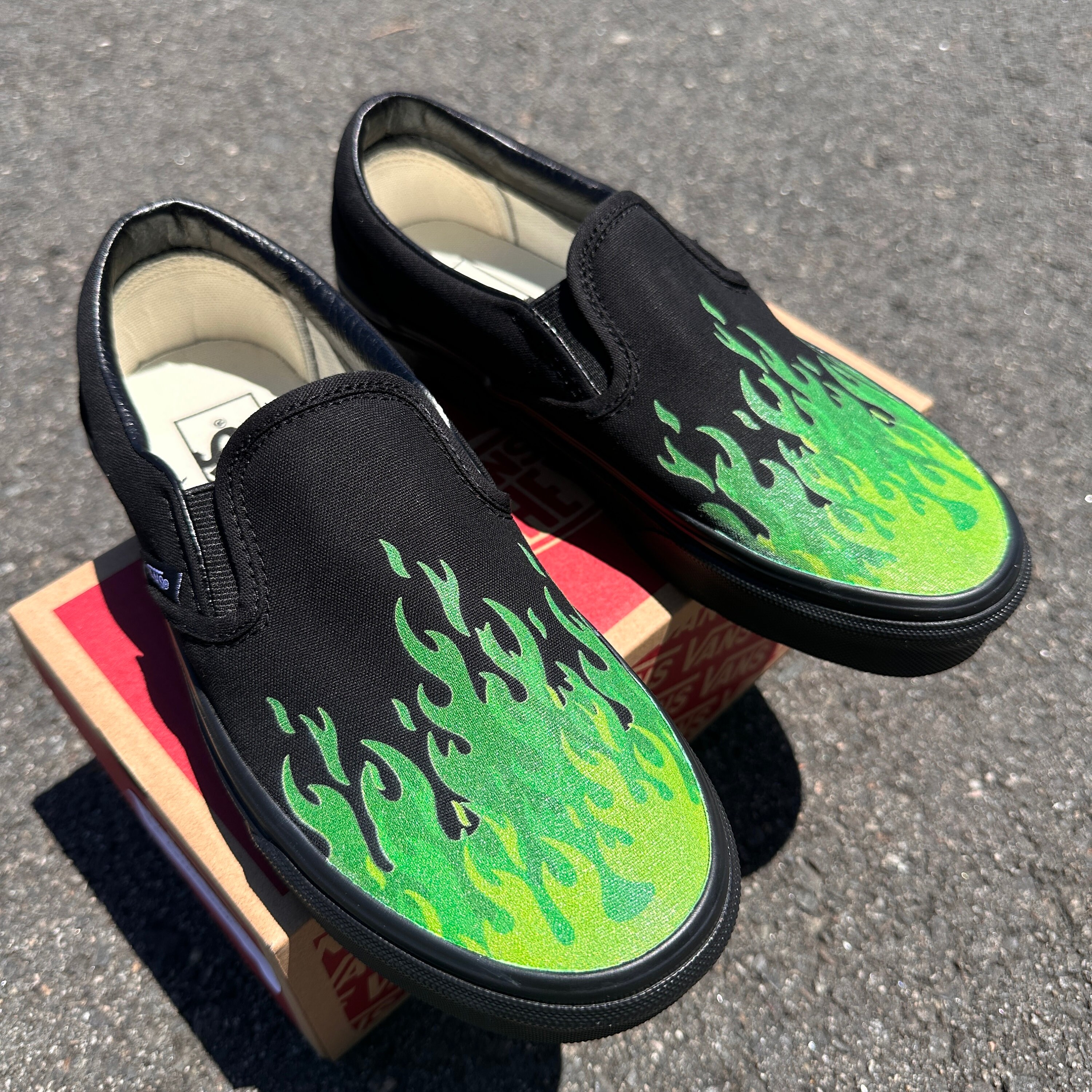 Hot Green Flame Shoes - Custom Vans Black/ Black Slip Forest Hot Green Flame Shoes - Custom Vans Black/ Black Slip Forest