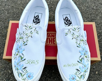 Personalizable Wedding Custom Slip On Vans Bridal Shoes with Initials and Date - Custom Wedding Sneakers