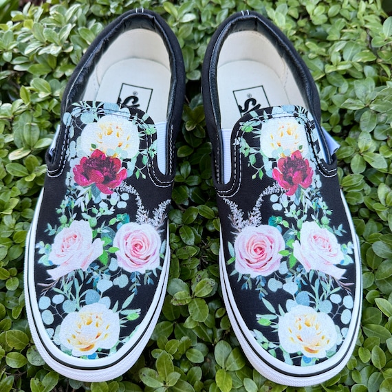 Whimsical Roses on Black Slip On Vans Shoes Women s and Men s Custom Vans Sneakers
