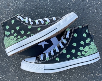 Custom Lucky Clover High Top Sneakers - Saint Patricks Day four leaf clover luck Irish green shamrock St. Patricks Day forrest leaves