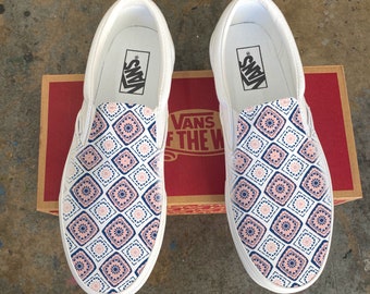 Pink and Navy Tile Pattern - Custom Vans White Slip On Shoes