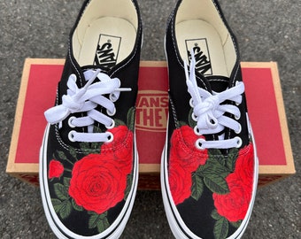Red Roses Black/White Vans Authentic Lace Up Shoes - Custom Vans Shoes for Men and Women