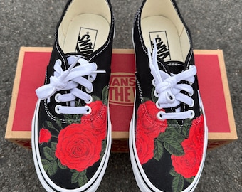 Red Roses Black/White Vans Authentic Lace Up Shoes - Custom Vans Shoes for Men and Women