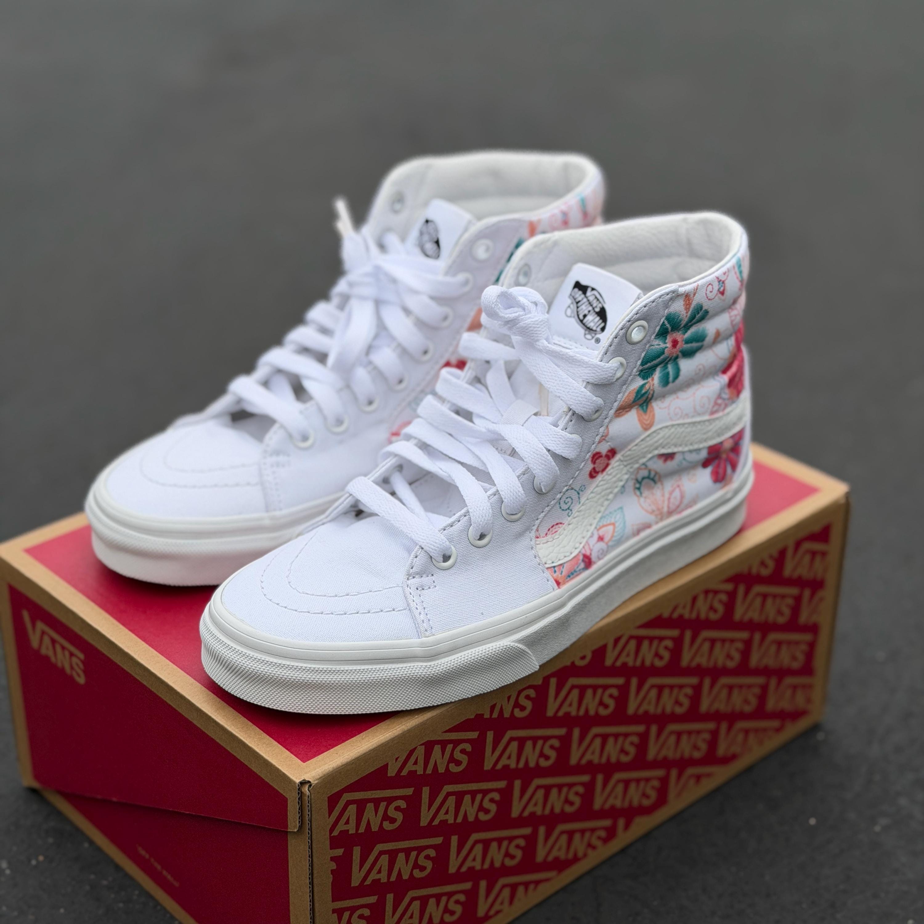 Embroidery Inspired White Vans Sk8 Hi Top Shoes - Custom 