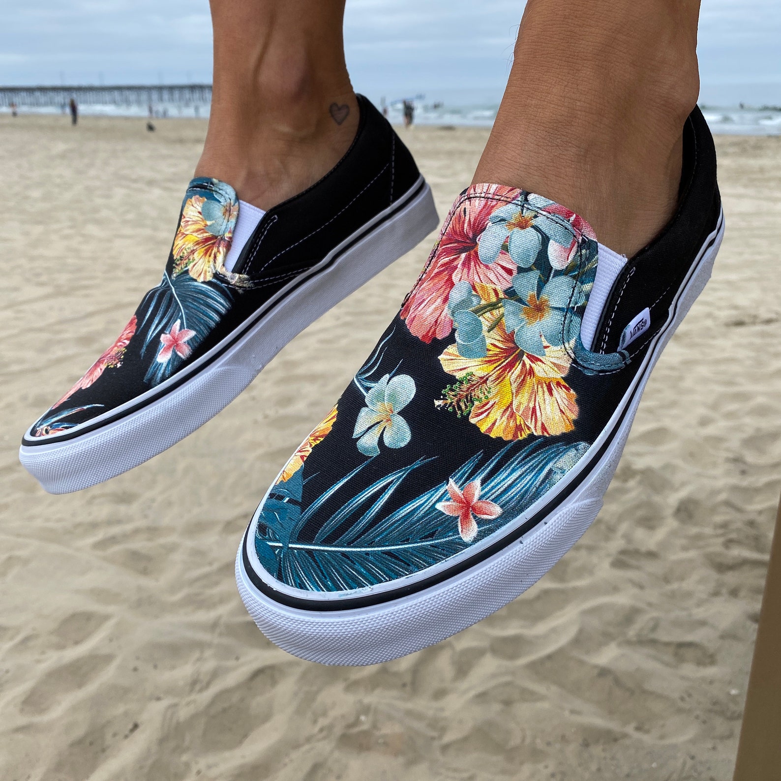 Tropical Floral Pattern on Black Vans Slip On Shoes | Etsy