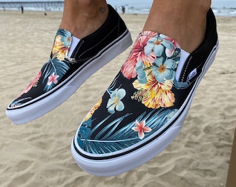 Tropical Floral Pattern on Black Vans 