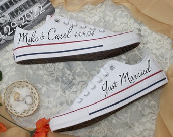 Custom Just Married Converse Sneakers - White Canvas Low Top Converse Wedding Shoe