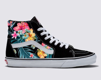 Tropical Floral Pattern on Black Vans Sk8 - Hi Top Sneakers - Men's and Women's Custom Vans Shoes