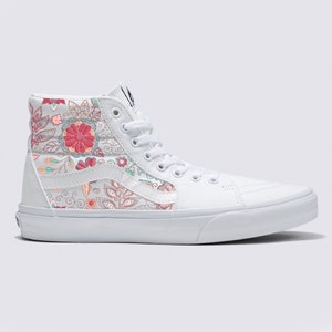 Embroidery Inspired White Vans Sk8 Hi Top Shoes - Custom Vans Shoes for Women and Men