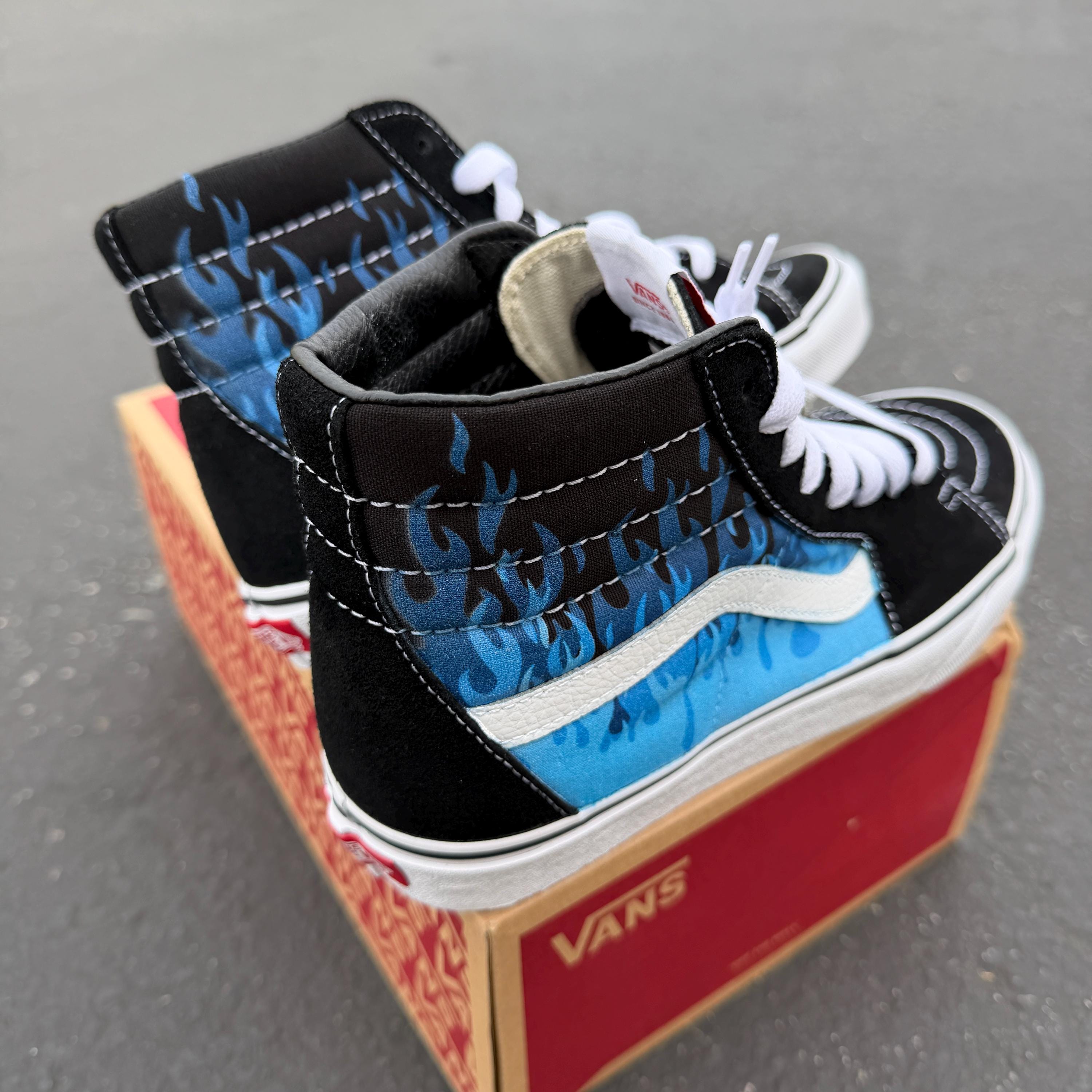 Blue Flame Shoes - Custom Vans Black Sk8-hi Sneakers Custom Fire 
