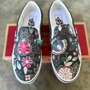 Embroidery Inspired Charcoal Vans Slip On Shoes - Custom Vans Shoes for Men and Women