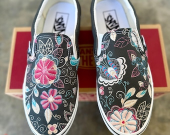 Embroidery Inspired Charcoal Vans Slip On Shoes - Custom Vans Shoes for Men and Women