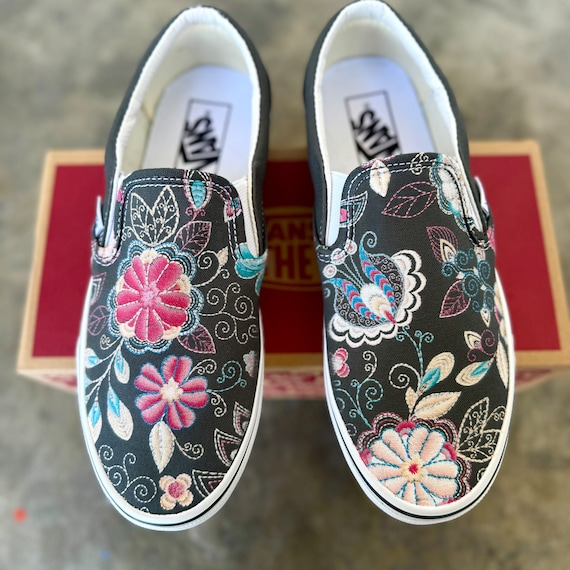 Embroidery Inspired Charcoal Vans Slip on Shoes Custom Vans Shoes for Men and Women Etsy