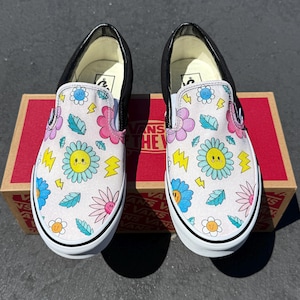 Smiley Face Flower Nature Lightning Bolt Leaf Cute Good Vibes Custom Slip On Vans