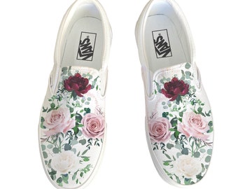 Whimsical Roses on White Slip On Vans Shoes - Men's and Women's Custom Vans Sneakers